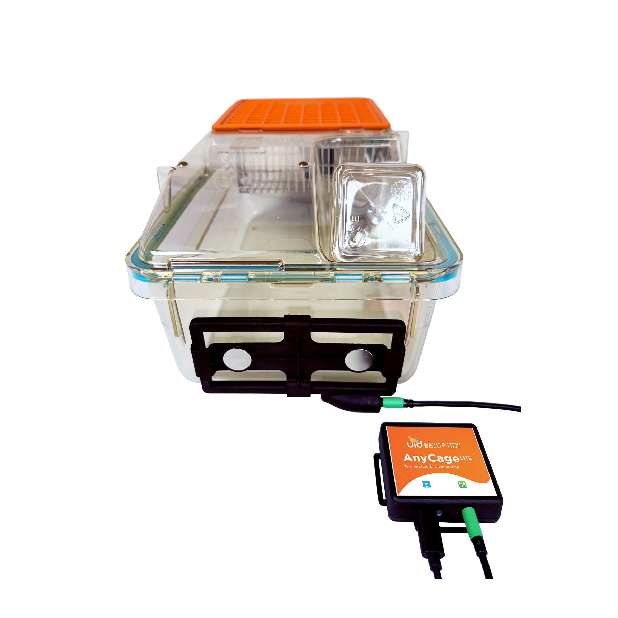 AnyCage Lite temperature monitoring reader mounted on a mouse home cage
